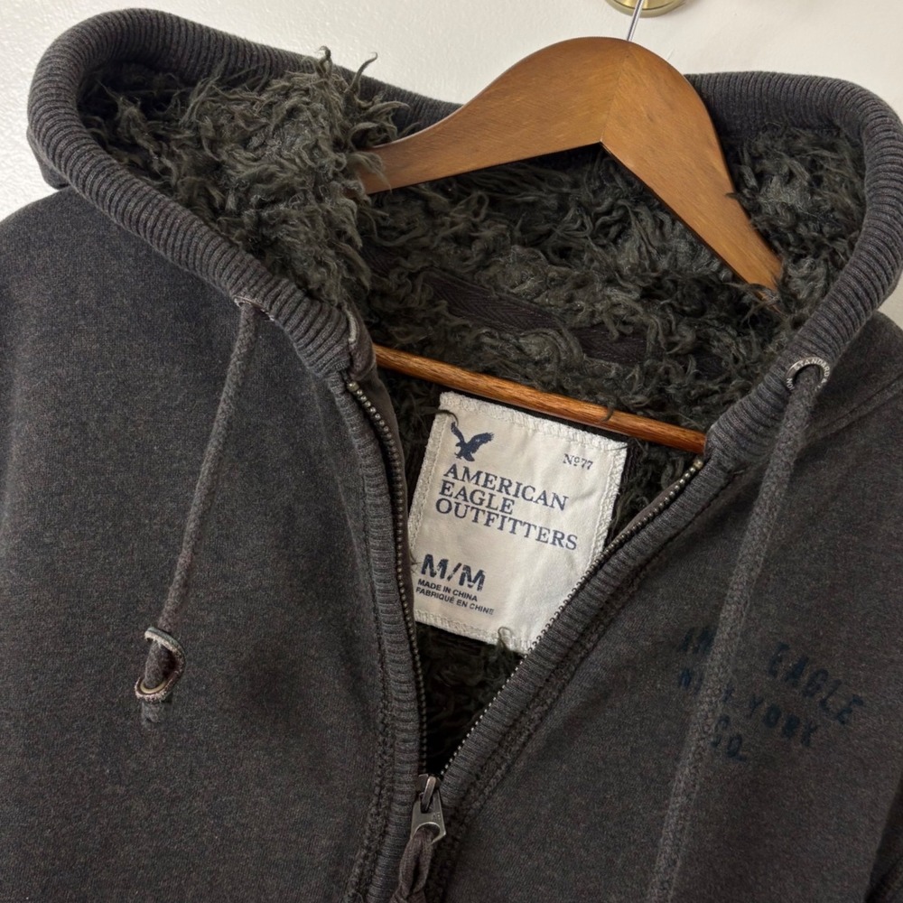 Vtg Y2K American Eagle Sherpa Lined Hoodie Mens M Gray Full Zip Jacket
